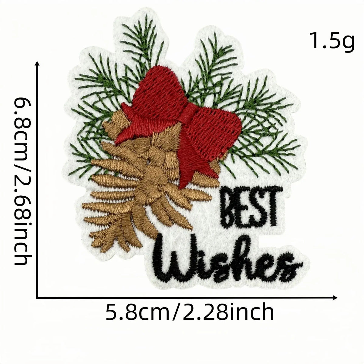 A 1.5g iron-on patch featuring a festive design with green pine branches, a red bow, and gold leaves, along with the text BES