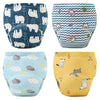 A set of four reusable cotton potty training pants featuring various animal patterns in blue, white, and yellow.