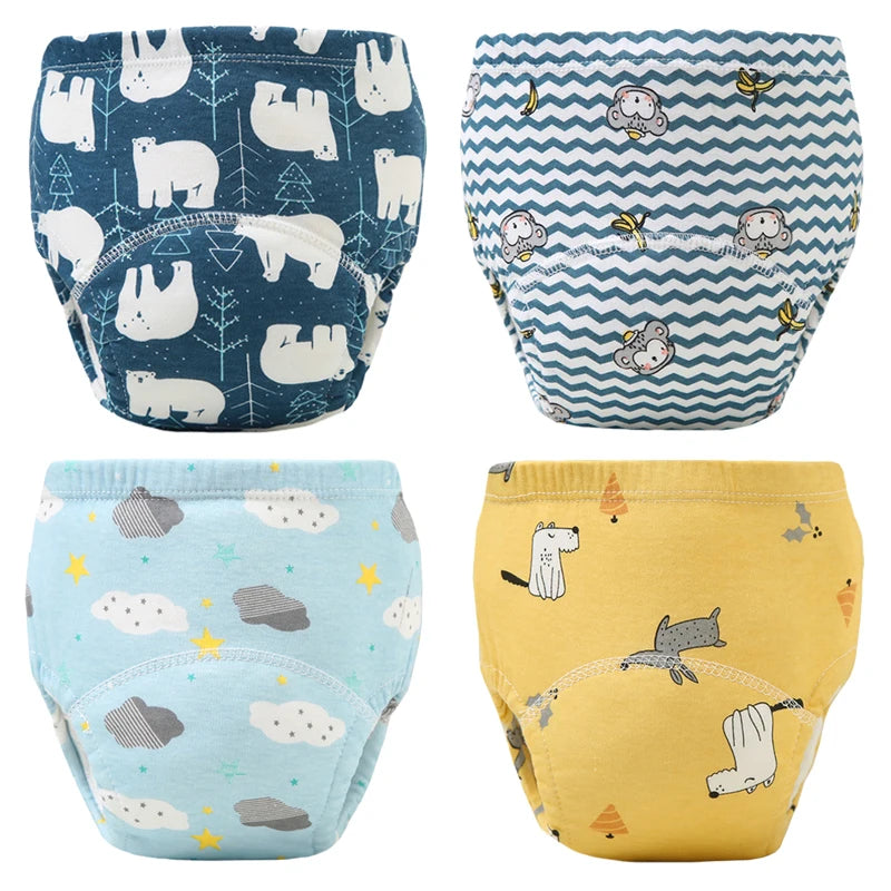 A set of four reusable cotton potty training pants featuring various animal patterns in blue, white, and yellow.
