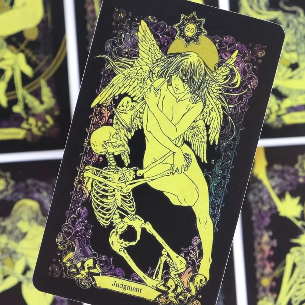 A tarot card illustration featuring a winged figure with a skull and skeletal elements, titled Judgment.