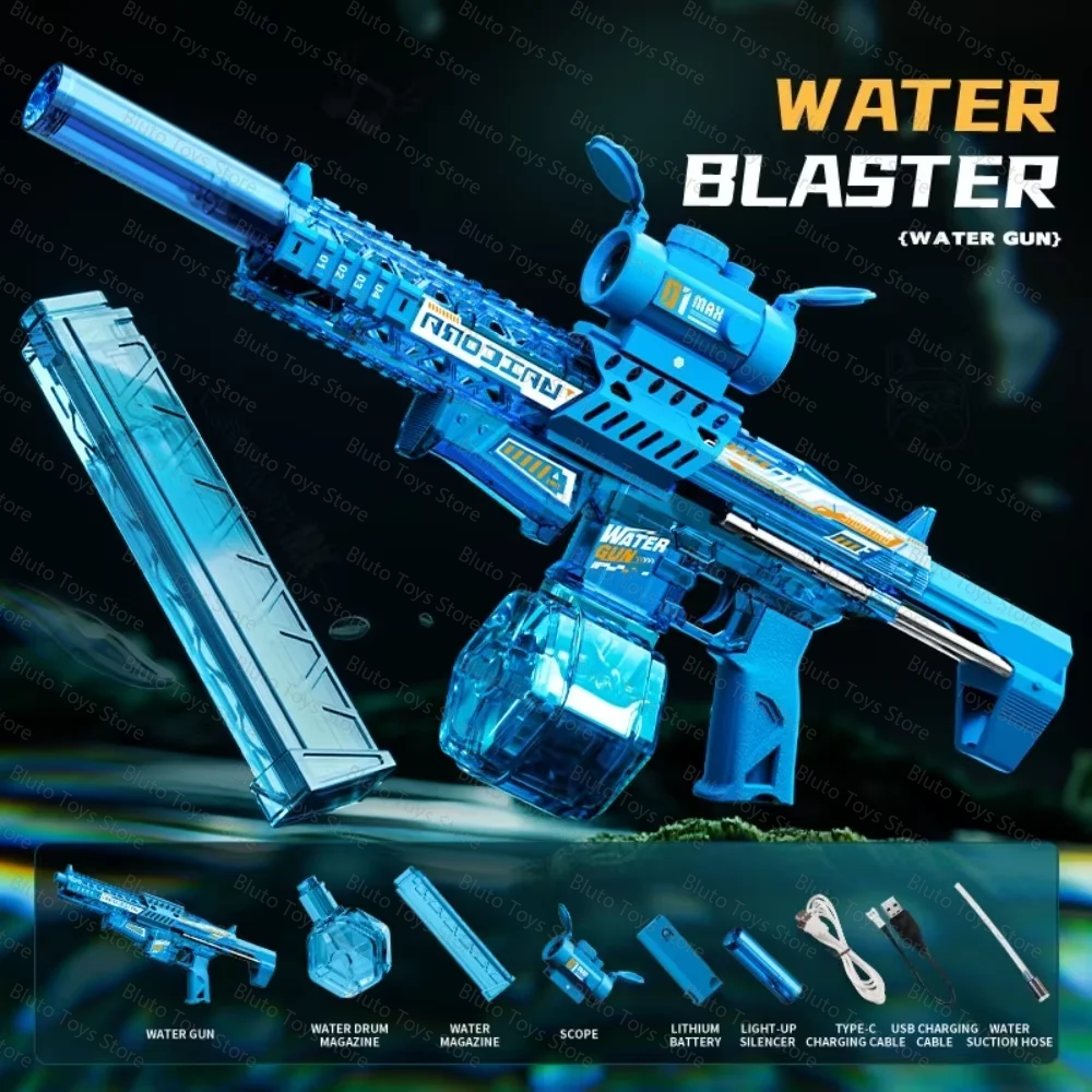 A blue water blaster toy gun with a magazine and accessories shown against a dark background.