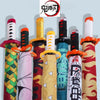 A collection of Demon Slayer katana swords with colorful sheaths and hilts.
