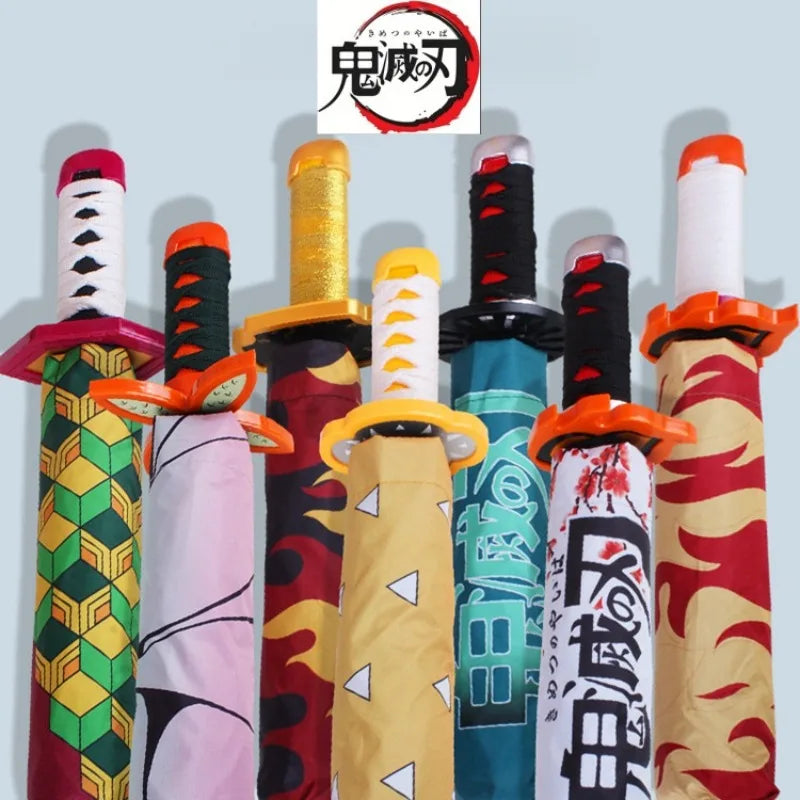 A collection of Demon Slayer katana swords with colorful sheaths and hilts.
