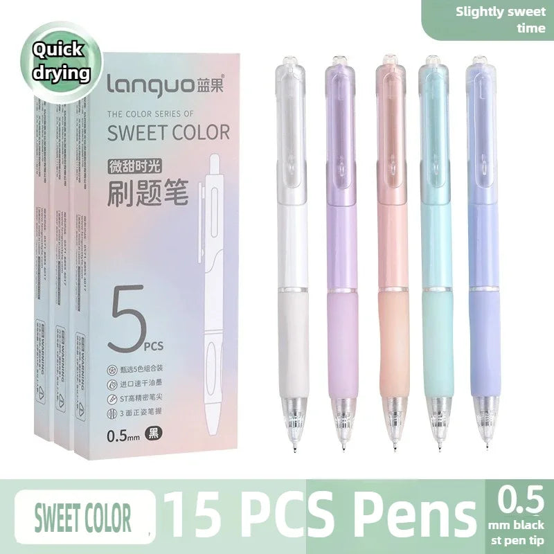 A set of 15 sweet color quick-drying gel pens in various shades, packaged with a box showing 5 pieces.