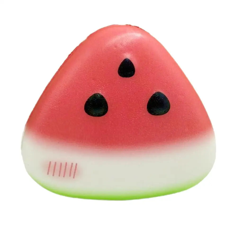 A squishy butter stick fidget toy shaped like a watermelon, featuring red and white colors with black spots.