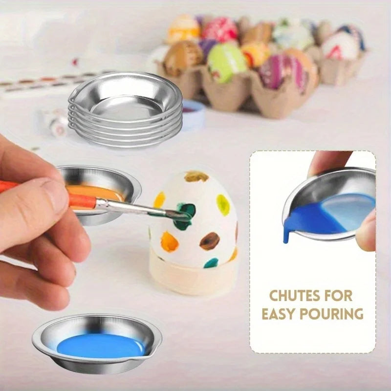 A set of stainless steel chutes for easy pouring, showing various colors and a hand using one to pour paint.