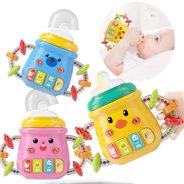 A set of colorful musical feeding bottles and teethers for babies, including a blue, pink, and yellow bottle.
