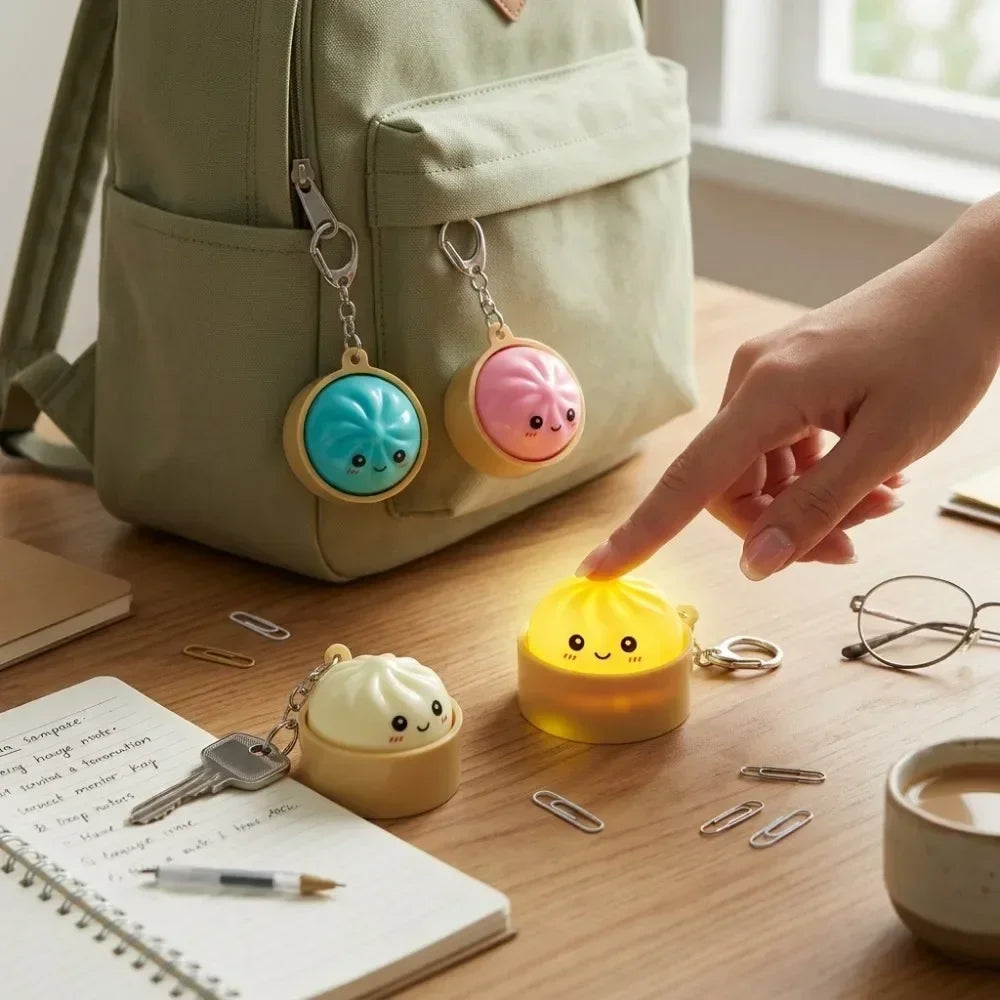 A hand holds a yellow dumpling squishy keychain with an LED glow on a wooden desk next to a green fabric bag.