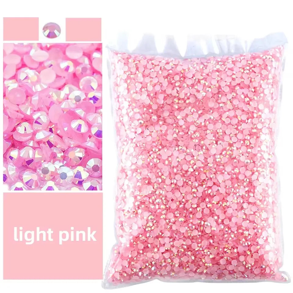 Bag of light pink AB-coated flat back resin rhinestones for crafts and DIY projects