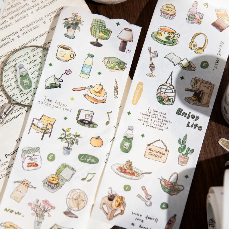 Decorative masking tape set featuring coffee and bakery themes with illustrations of cups, pastries, and baked goods