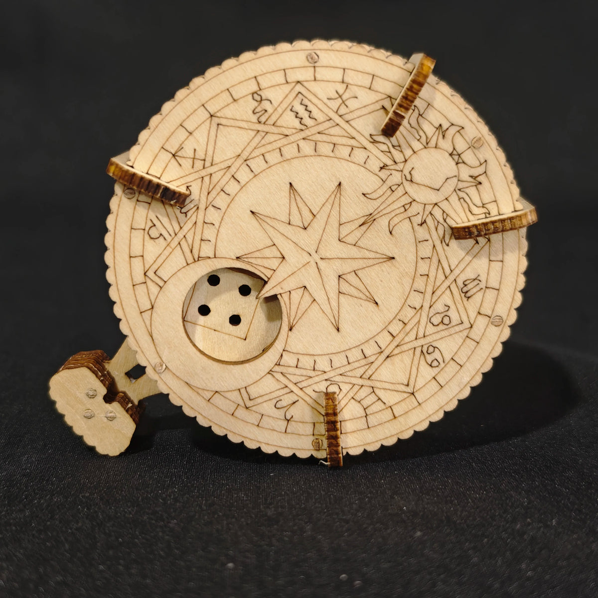 A round wooden puzzle featuring intricate star and geometric designs, intended as a DIY model building set.