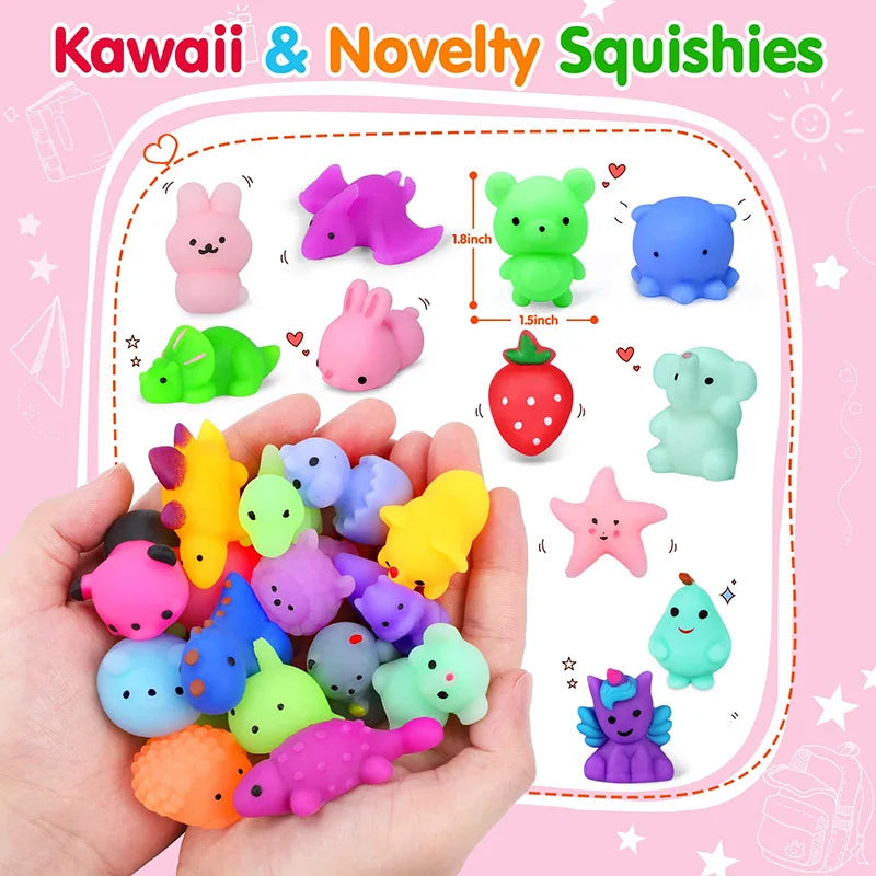 A hand holds a collection of colorful squishy fidget toys including pink, green, purple, and yellow characters.