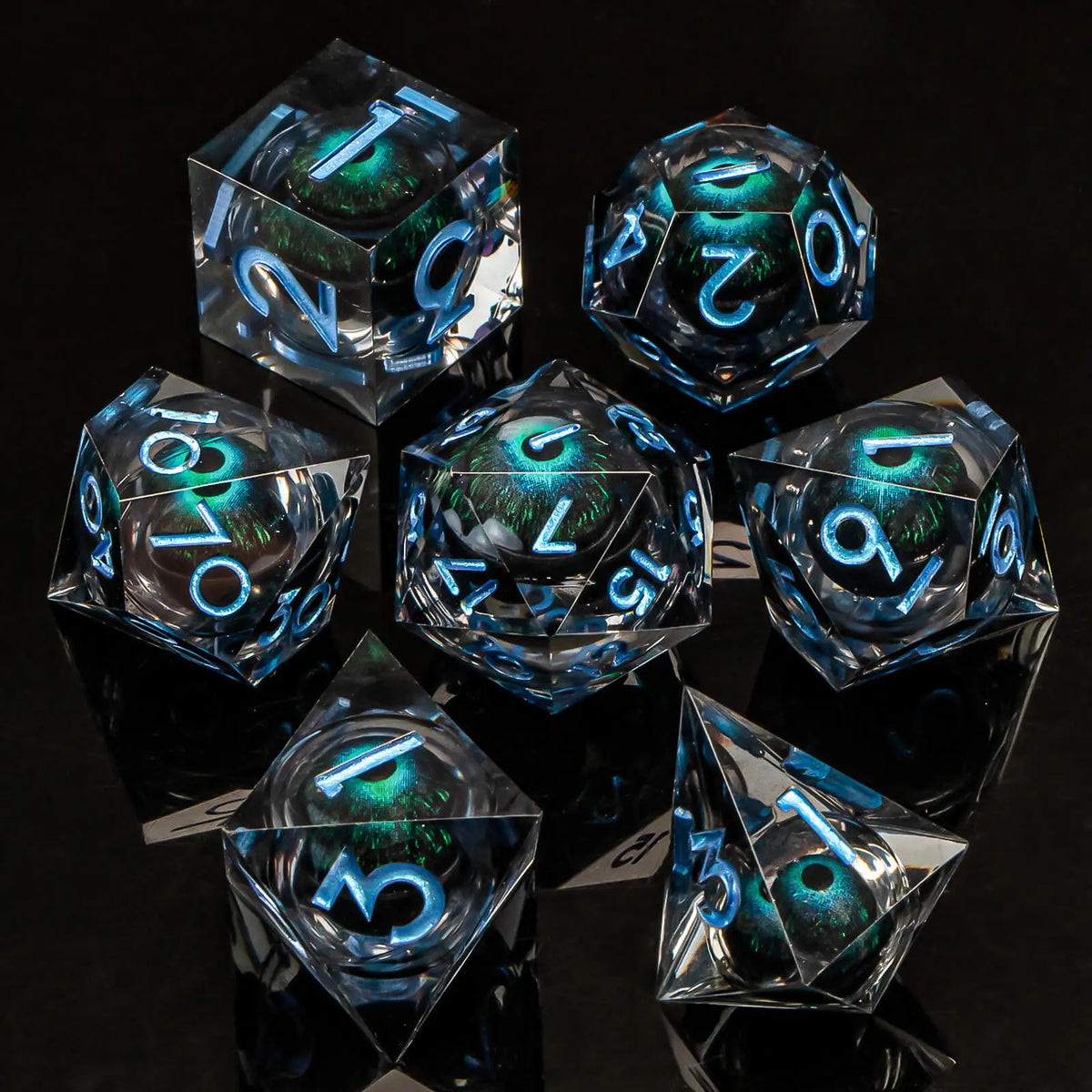 Dragon Eye Resin Dice Set with Liquid Core - 7 Polyhedral Dice for RPG Gaming