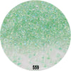 A circular image showing numerous small, round, light green glass seed beads.