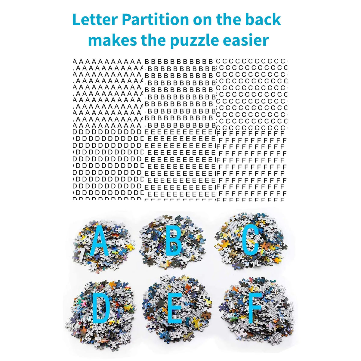 A set of six letter partition puzzles labeled A through F for adults and teens