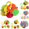 A collection of colorful silicone baby teethers and soothing gums for infants.