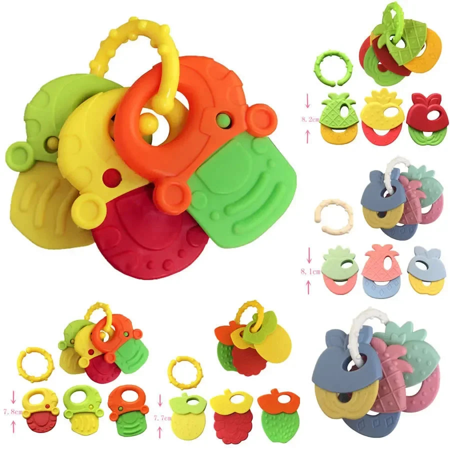 A collection of colorful silicone baby teethers and soothing gums for infants.