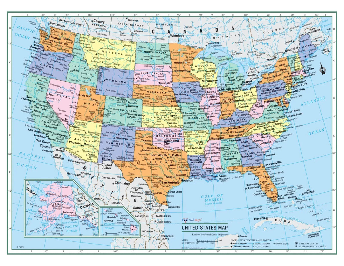 A detailed political map of the United States showing states, cities, and geographical features.
