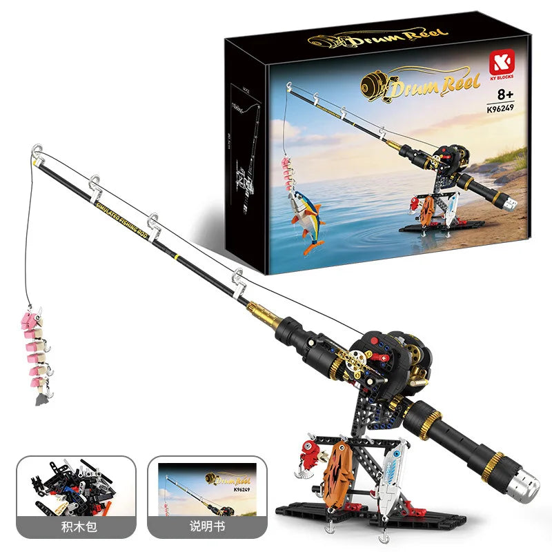A black fishing rod building blocks set with a reel and accessories displayed next to its packaging box.