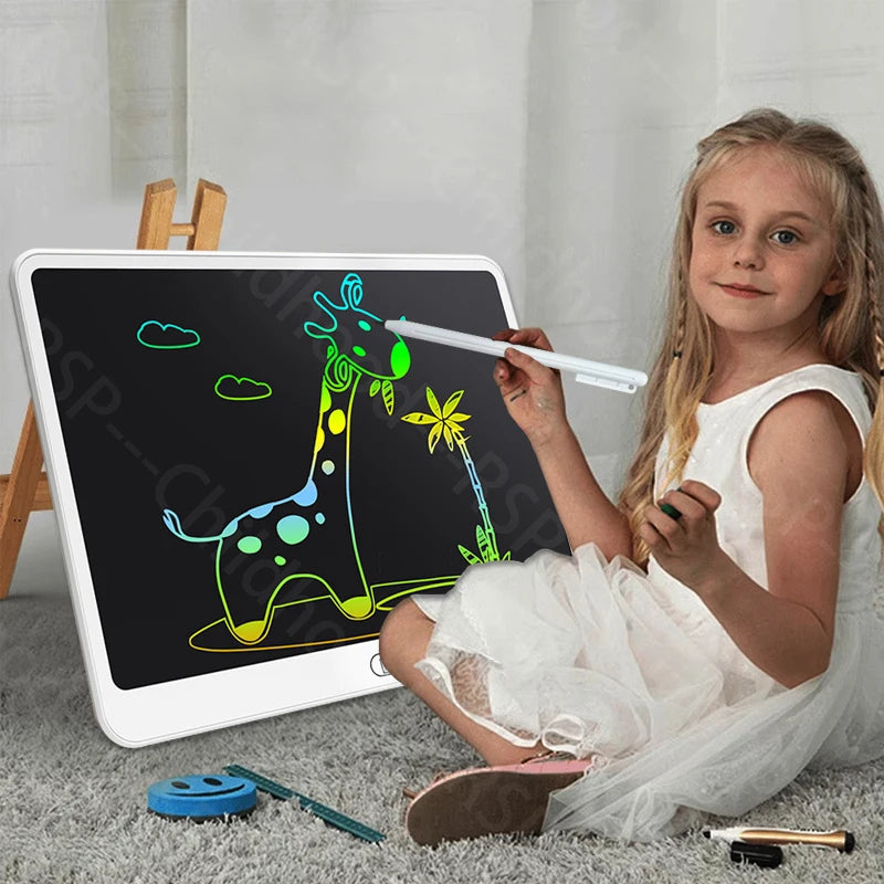 A young girl is using a reusable LCD writing tablet to draw a giraffe on a black board.