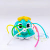 A bright blue cartoon fire hydrant water sprinkler toy with yellow and green flexible tubes.