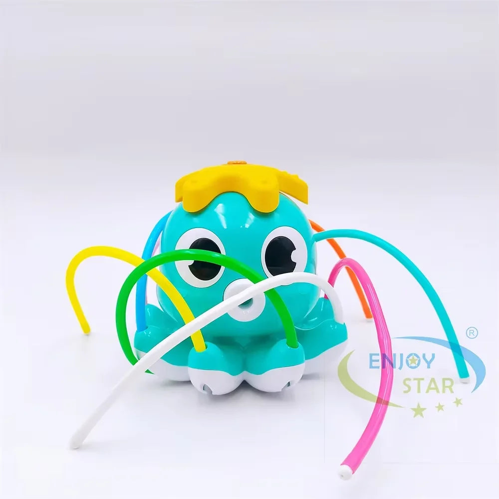 A bright blue cartoon fire hydrant water sprinkler toy with yellow and green flexible tubes.