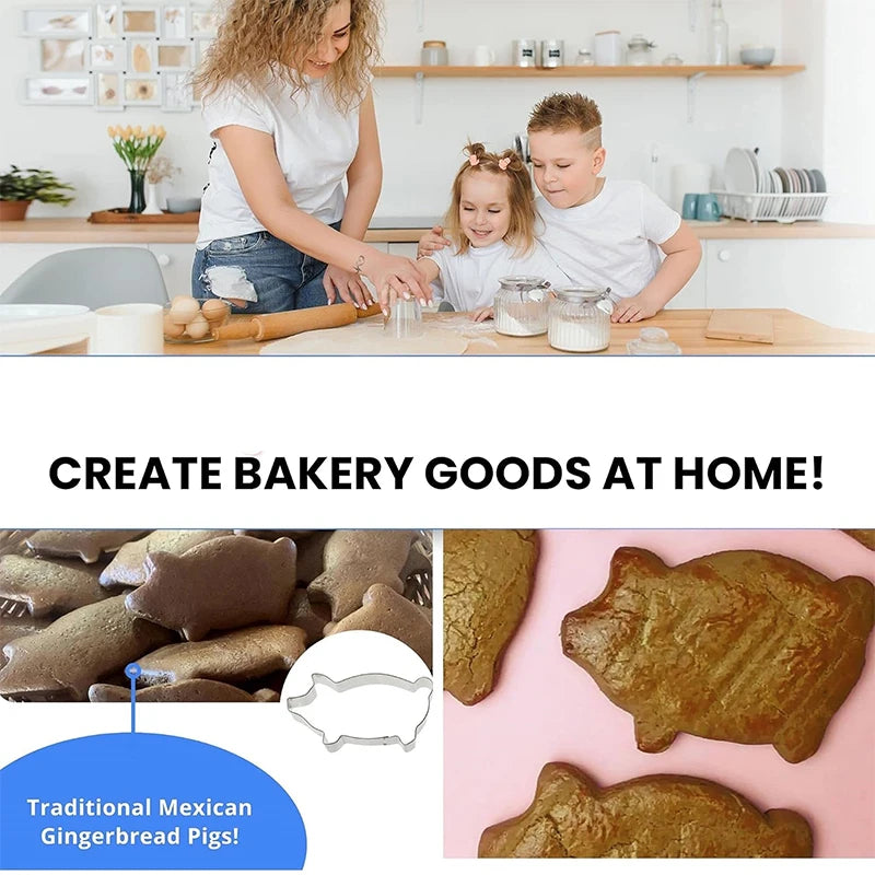 A set of pig-shaped stainless steel cookie cutters used to create bakery goods at home.