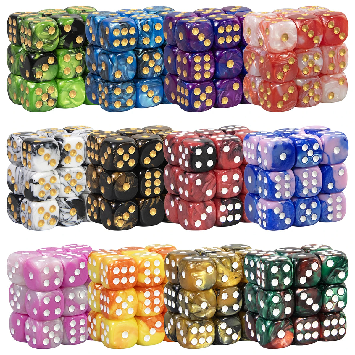 A collection of multi-colored acrylic D6 dice in various colors and patterns stacked in groups.