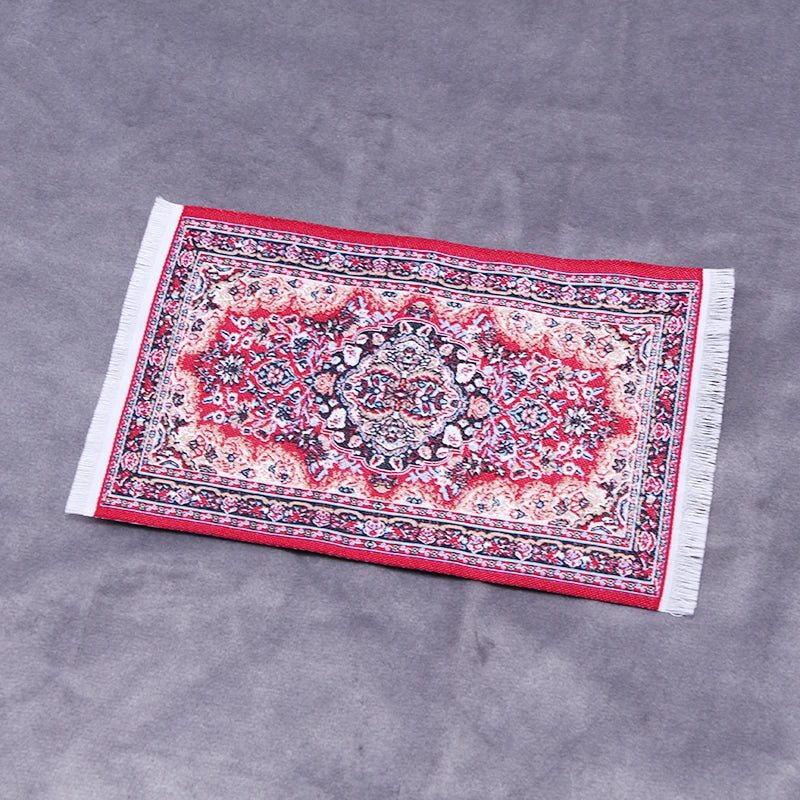 Handwoven Turkish style miniature carpet mat with red and blue patterns for dollhouse decor