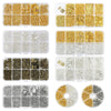 A collection of various gold and silver jewelry making supplies including beads wire findings and tools organized in a clear 