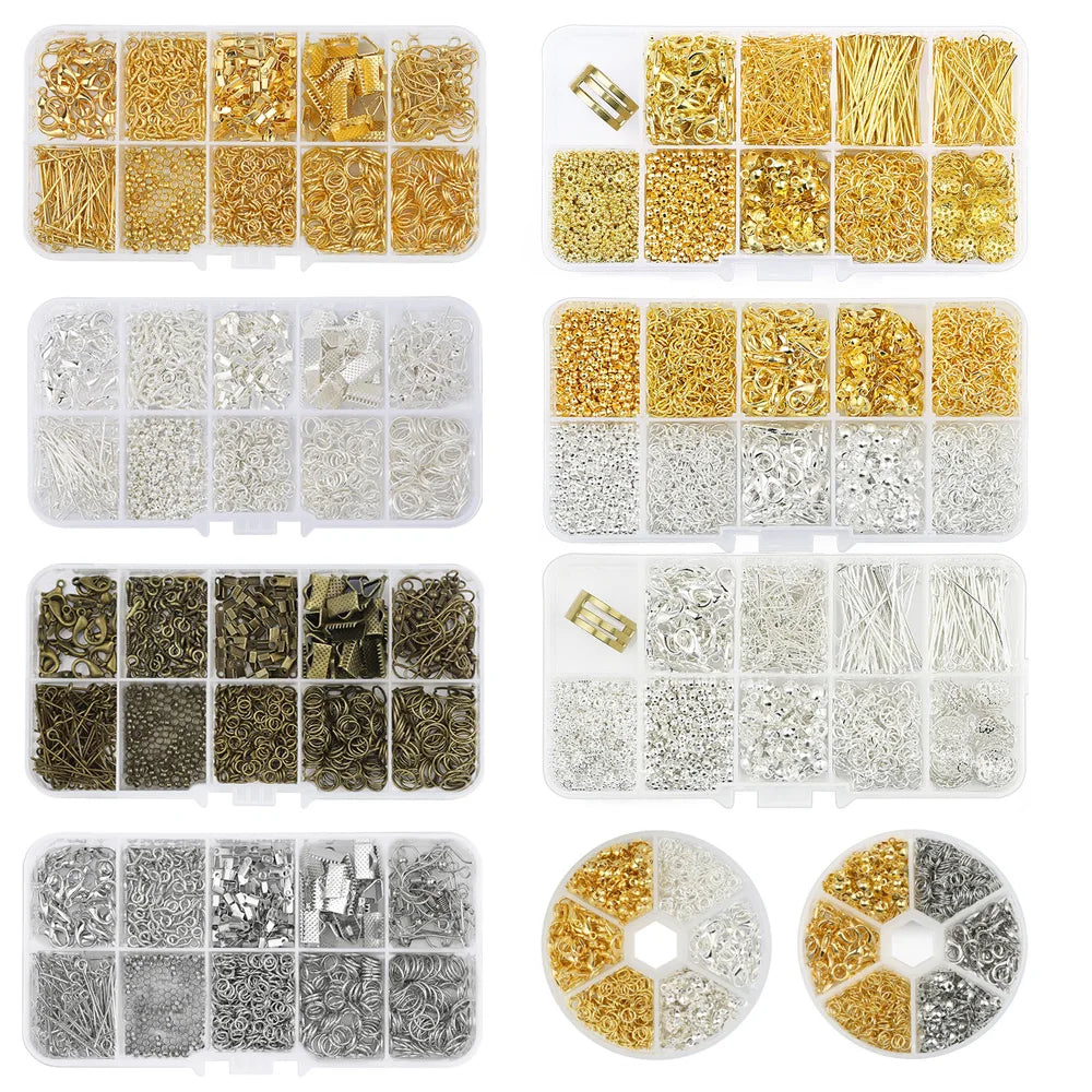 A collection of various gold and silver jewelry making supplies including beads wire findings and tools organized in a clear 