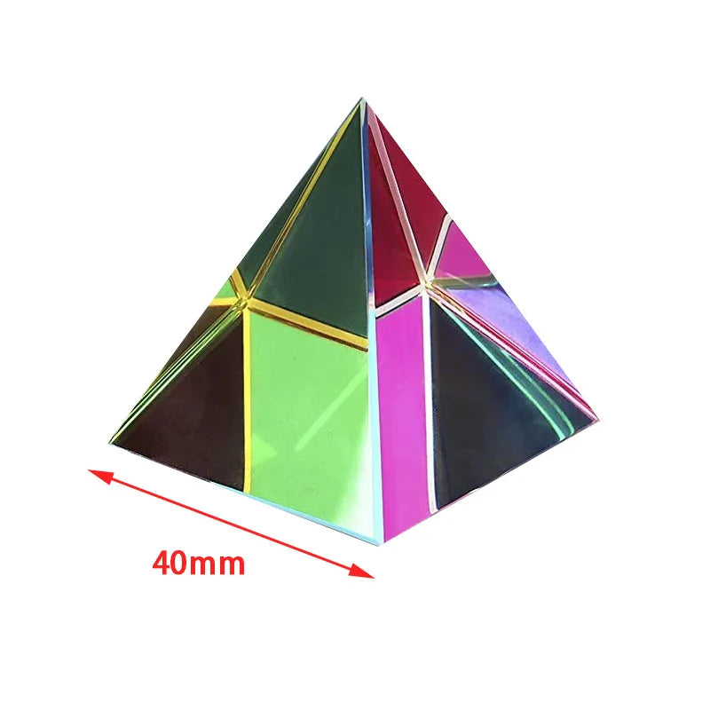 A geometric prism made of colored acrylic panels, displaying various iridescent and solid colors.