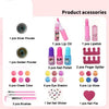 A collection of makeup accessories including silver and golden powders, lip oil, lipstick, nail polish, eyeshadow, cheek colo