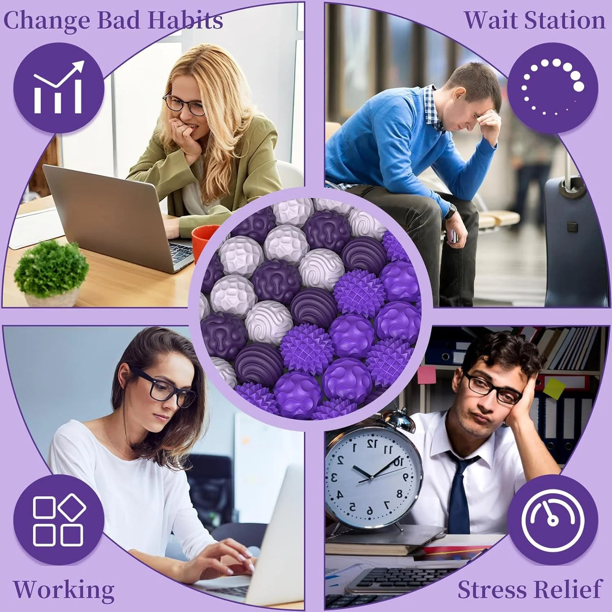 A collage showing various activities like working, waiting, and stress relief using magnetic sensory fidget balls.