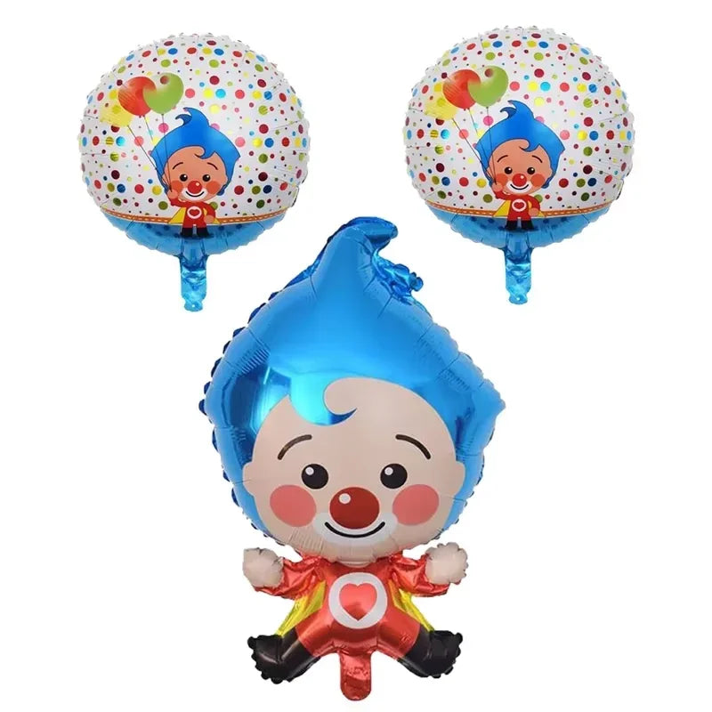 A blue circus clown balloon decoration with a smiling face and red outfit.