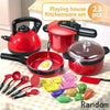 A red pretend play kitchen set featuring cookware and food items like burgers, sandwiches, and fries.