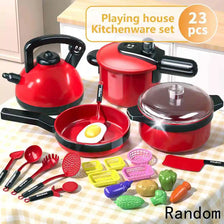 A red pretend play kitchen set featuring cookware and food items like burgers, sandwiches, and fries.