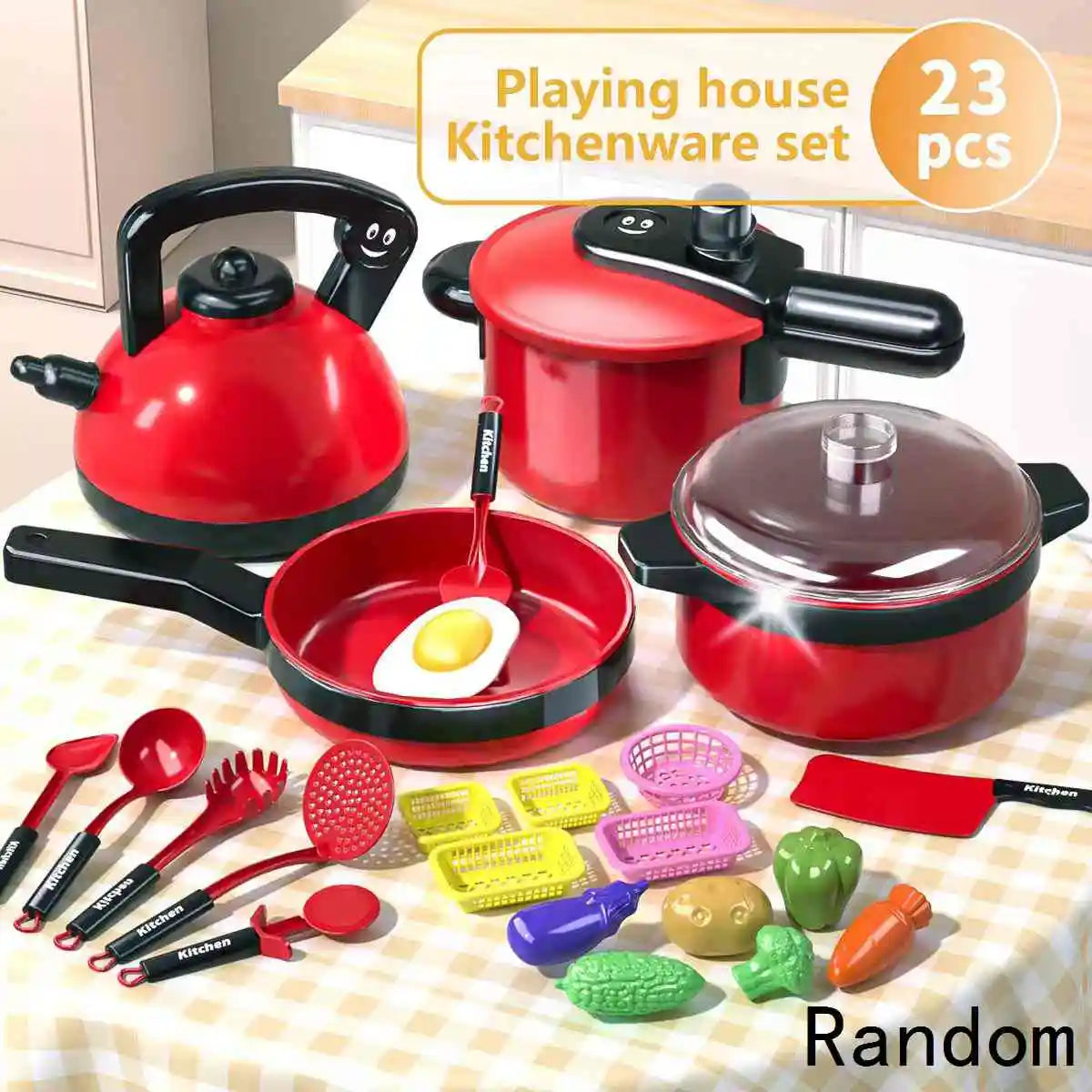 A red pretend play kitchen set featuring cookware and food items like burgers, sandwiches, and fries.