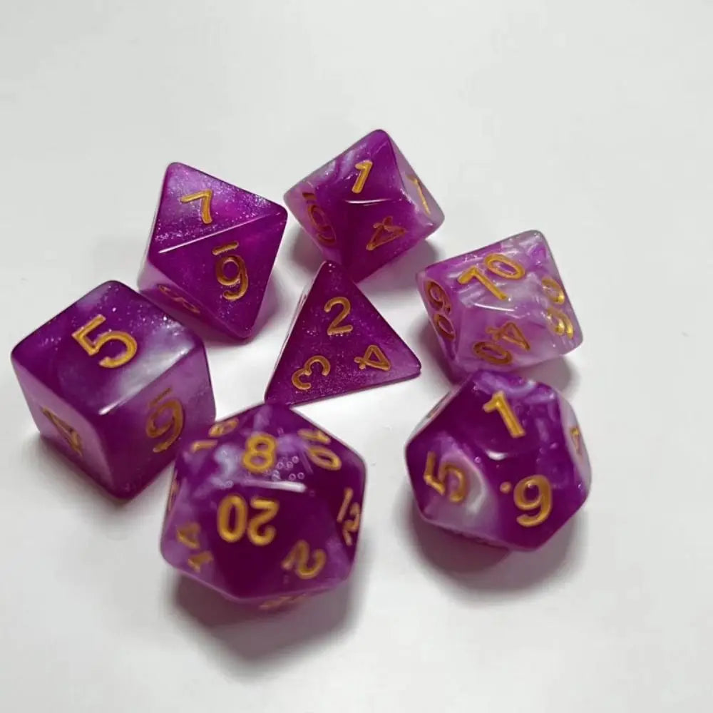 A collection of seven purple acrylic polyhedral dice showing various numbers and shapes.