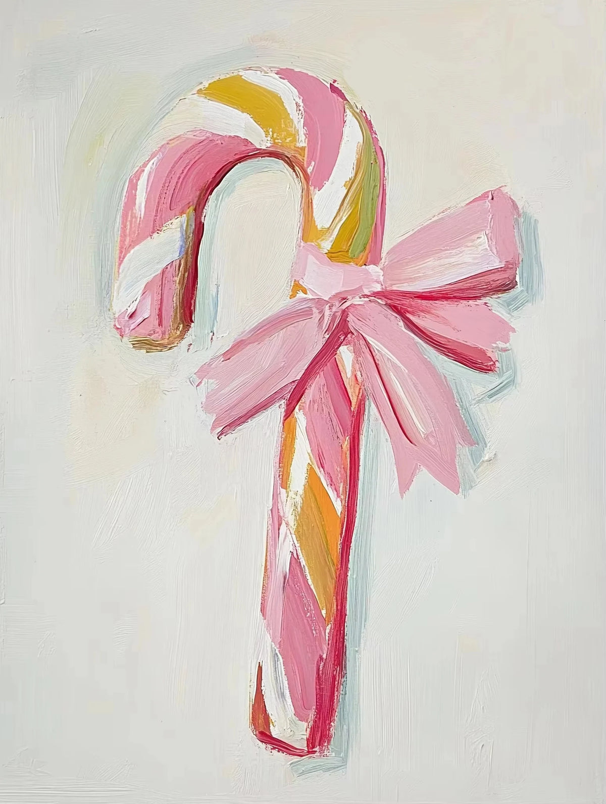 A painting of a striped pink and yellow candy cane with a pink bow against a light background.