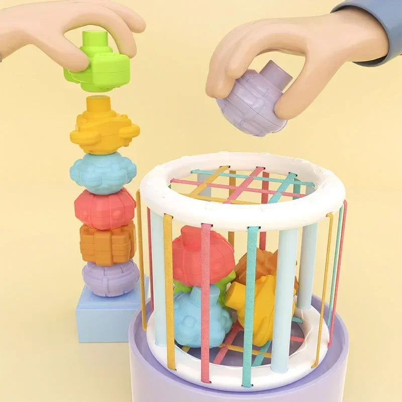 A colorful sensory sorting blocks set with various colored blocks and a circular frame is being held by hands.