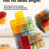 A collection of colorful transparent building blocks assembled into various shapes and structures.