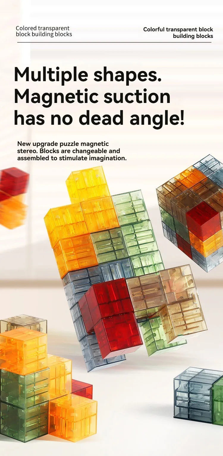 A collection of colorful transparent building blocks assembled into various shapes and structures.