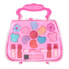 A pink plastic cosmetic case containing various makeup tools and accessories for kids pretend play.
