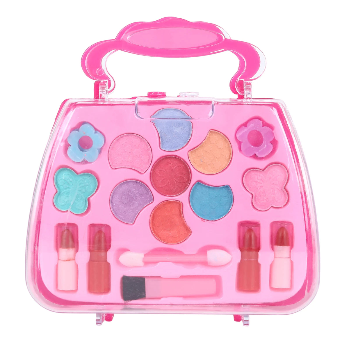 A pink plastic cosmetic case containing various makeup tools and accessories for kids pretend play.