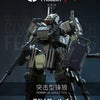 A detailed photograph of a FENRIR A6 Assault Type mecha model kit in dark gray and black, displayed against a dark background