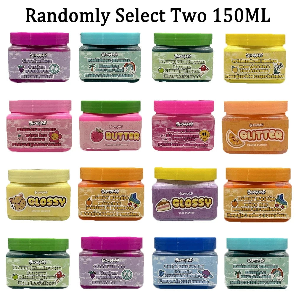 A collection of 150ml slime products in various colors and packaging, including butter, glitter, and glossy types.