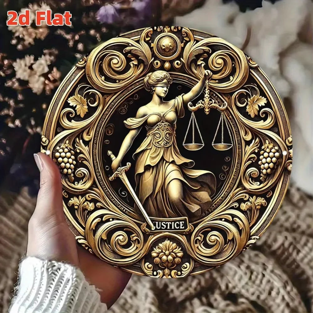 Gold wall art sign featuring a female figure holding scales surrounded by ornate foliage and vines.