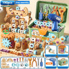 A box of wooden nut hand disassembly puzzles and tools for kids showing various components and assembly kits