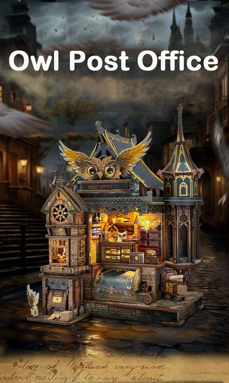 A detailed wooden miniature kit of an illuminated owl post office with furniture and puzzle elements.